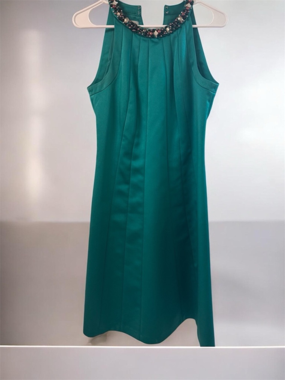 Kay Unger Teal Green Beaded-Neck Midi Dress